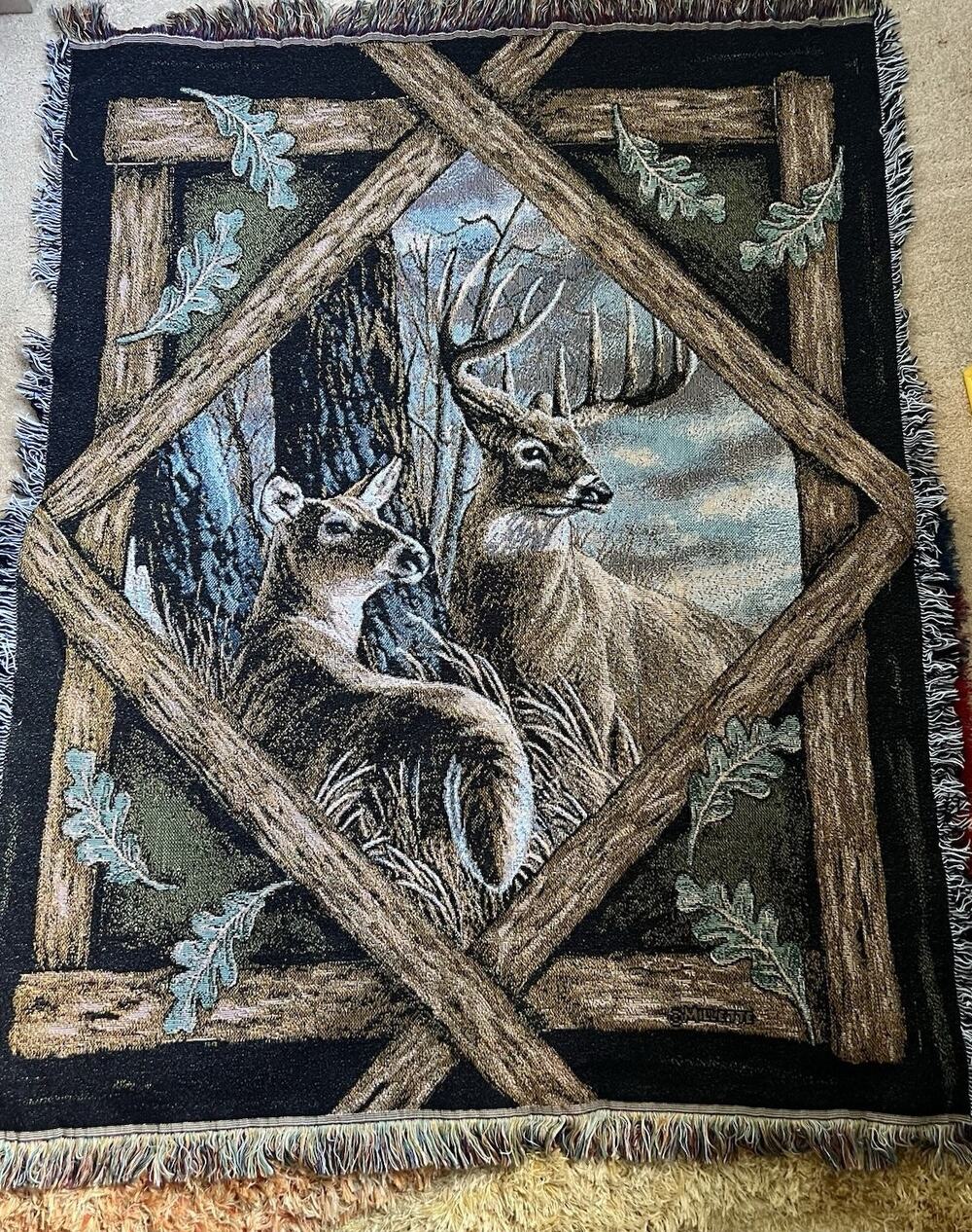 Deer Tapestry Blanket Millette Buck & Doe, Fringe cabin Lodge Decor 44 X 60